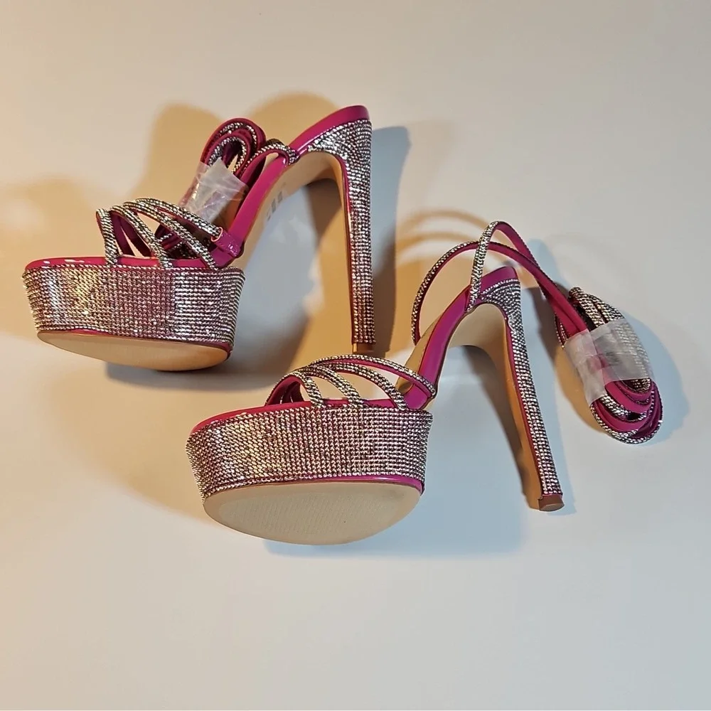 Cathy Din Hot Pink Silver Synthetic Rhinestone Platform Strappy Lace Up 7.5